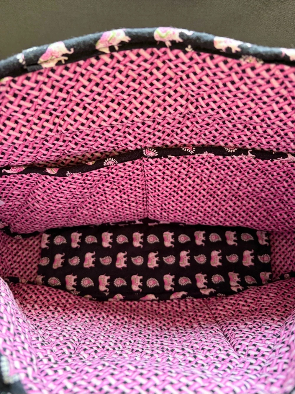 Vera Bradley Black Bag with Pink and Green Paisley Elephant Print Laptop Bag